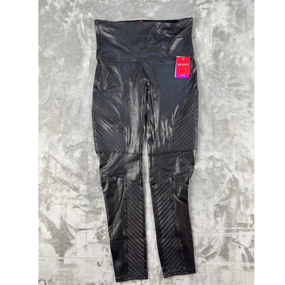 Spanx Leggings Womens XL Moto Black Faux Leather Ribbed Shaping NEW